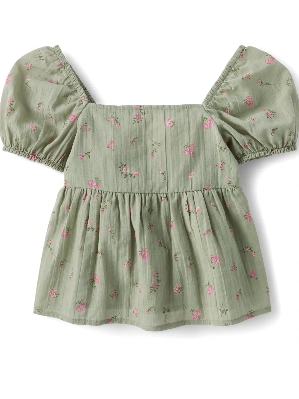 Girls' Sage Green Puff-Sleeve Bow Back  Peplum Top